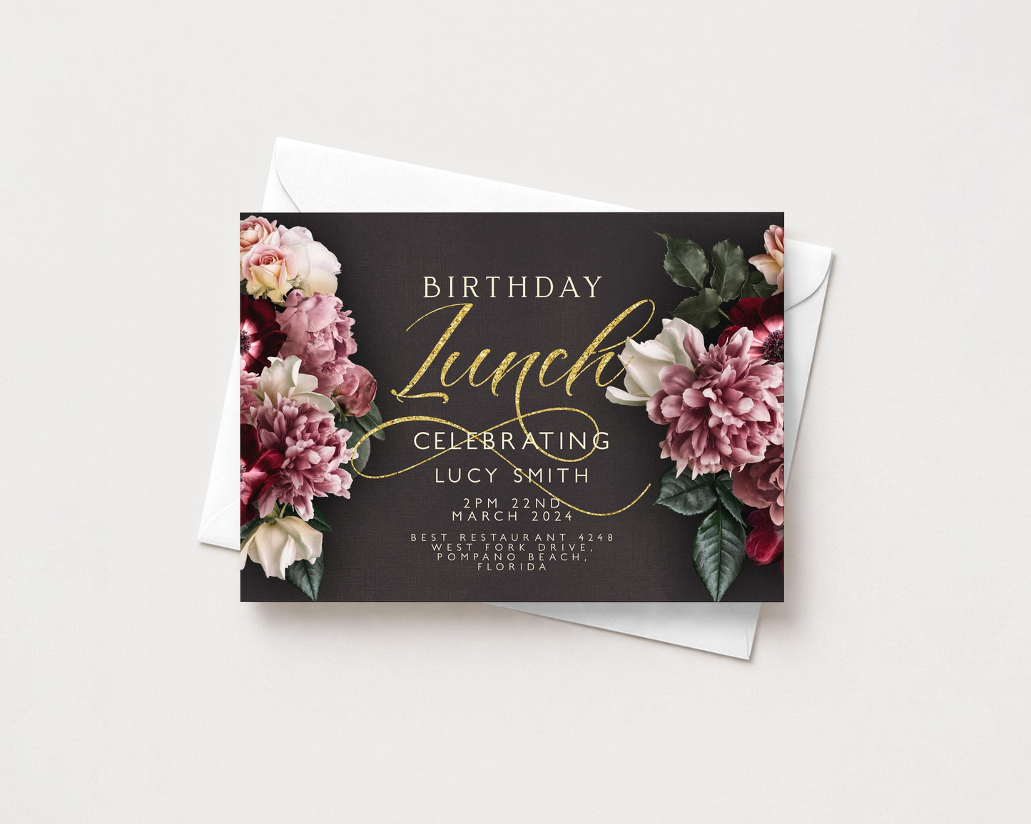 The image is a birthday invitation card with a floral design and text.