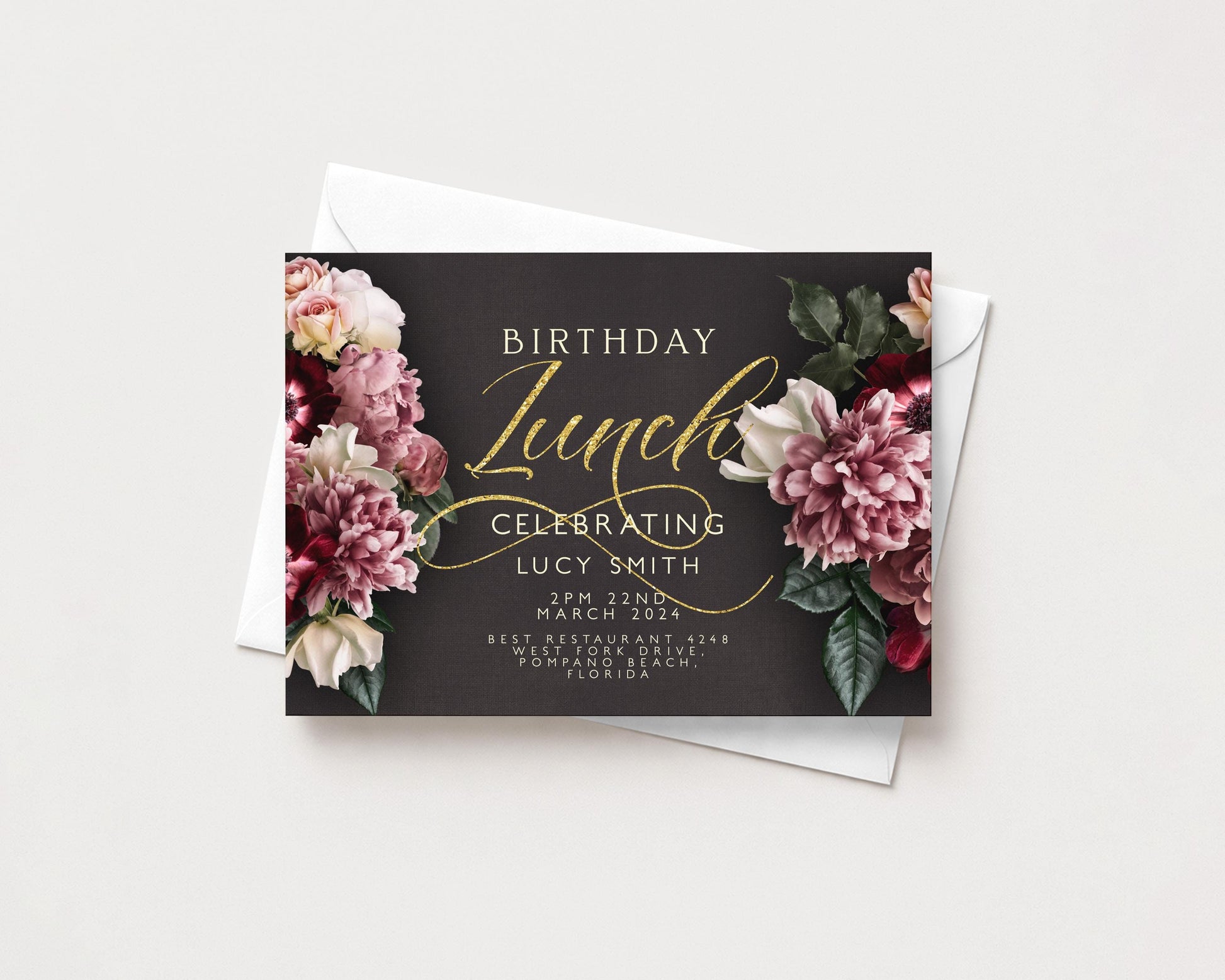 The image is a birthday invitation card with a floral design and text.