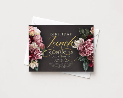 The image is a birthday invitation card with a floral design and text.