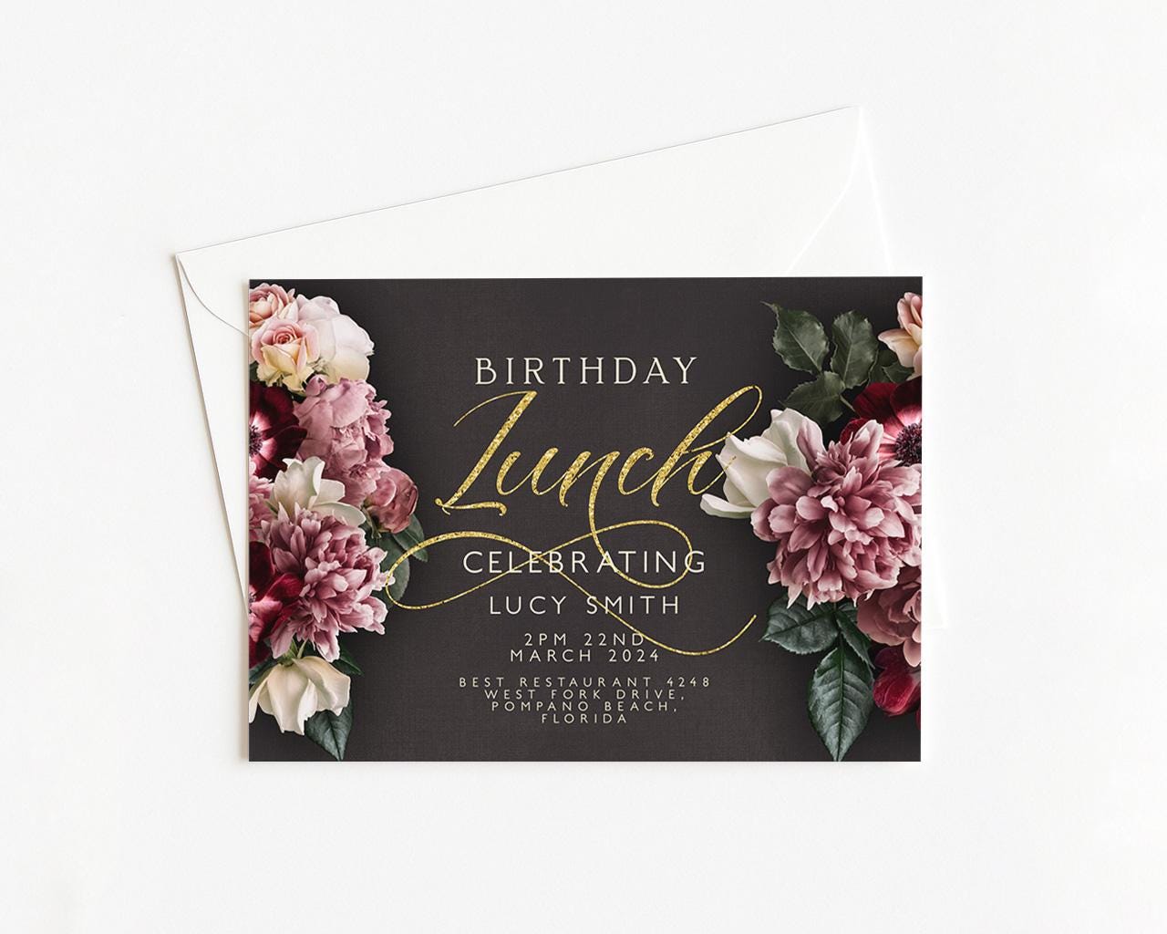 The image is a birthday invitation card with a floral design and text.