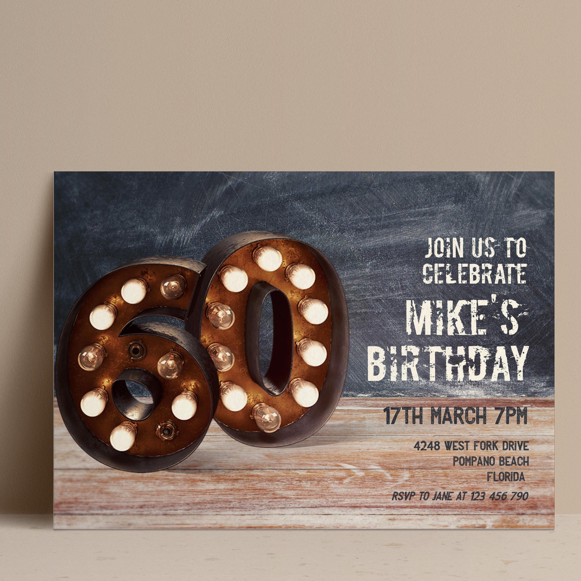 A birthday party invitation for Mike's 60th birthday celebration.