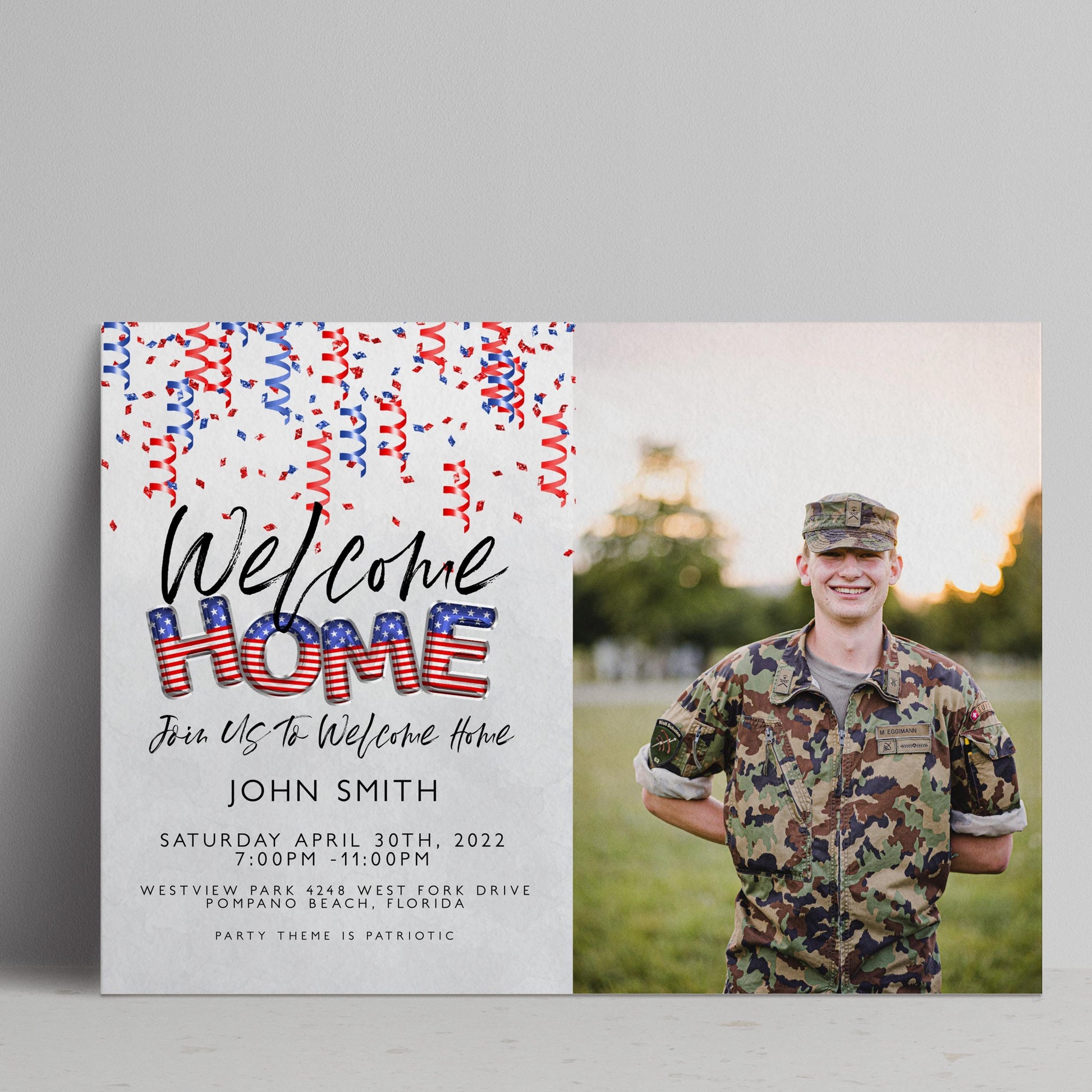 The image is a welcome home invitation featuring a soldier in uniform, with a photo of the soldier on the right side.
