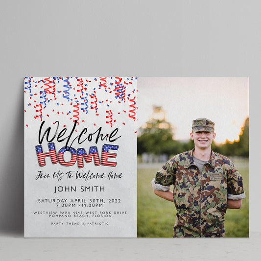 The image is a welcome home invitation featuring a soldier in uniform, with a photo of the soldier on the right side.