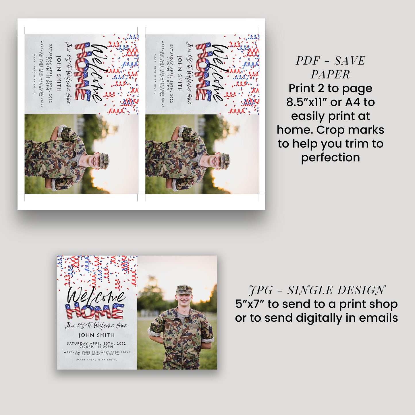 a welcome home invitation for John Smith, featuring a photo of him in a military uniform. The invitation is designed for sending to a print shop or digitally to an email, with instructions for printing and sending the invitation.