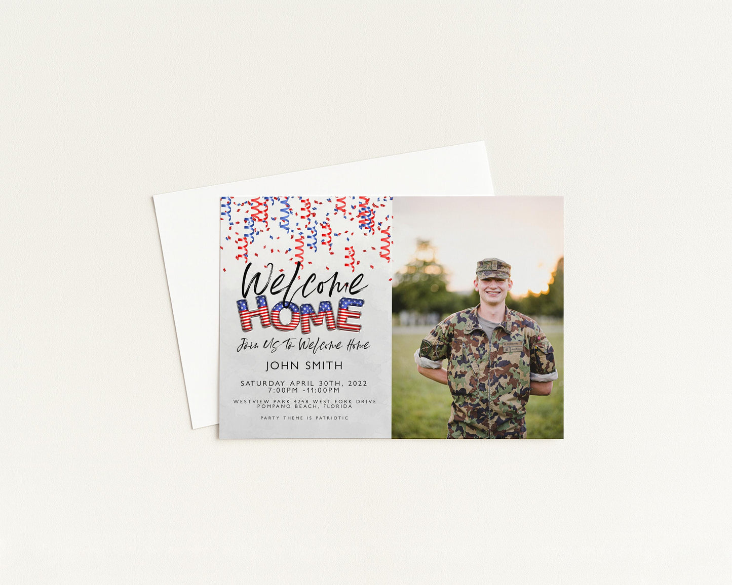 A welcome card for John Smith, who is a military veteran, with a photo of him standing in a field.