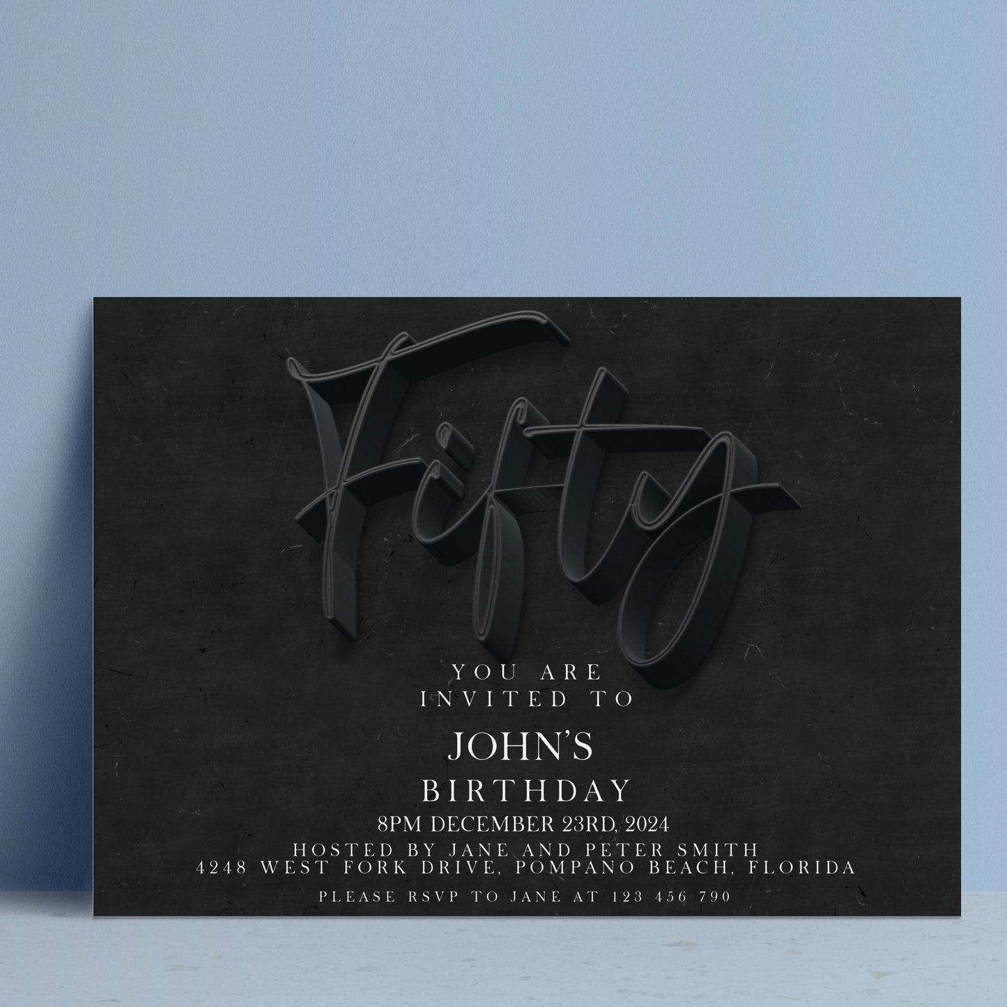 The image is a birthday invitation for John's 50th birthday.