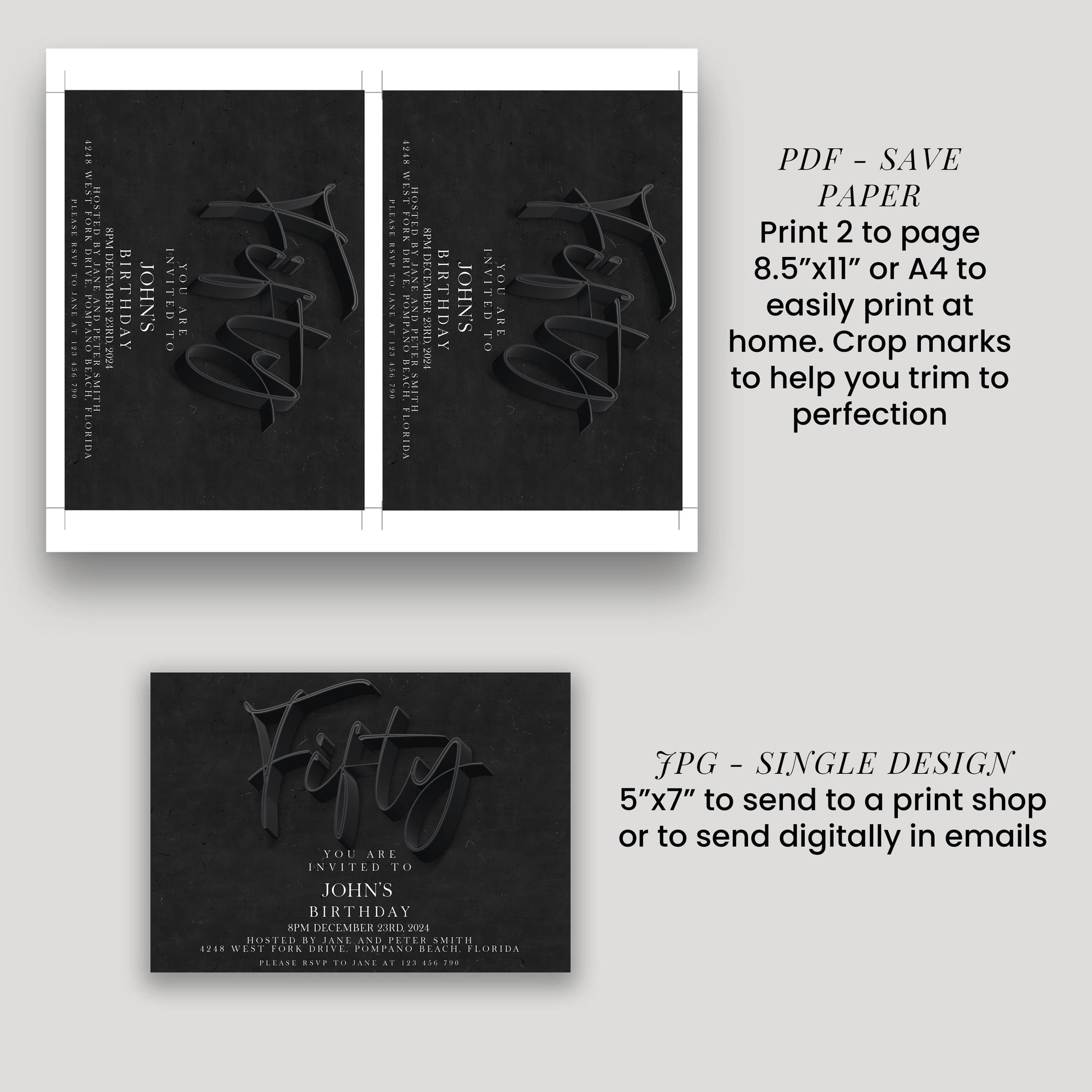 a birthday invitation for John, inviting him to a party on December 29th, 2014, at 12:00 PM at West 34th Street, Miami, Florida. The invitation is printed on a 5"x7" card and includes instructions for sending the print to a print shop or digitally to emails.