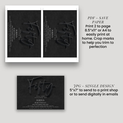 a birthday invitation for John, inviting him to a party on December 29th, 2014, at 12:00 PM at West 34th Street, Miami, Florida. The invitation is printed on a 5"x7" card and includes instructions for sending the print to a print shop or digitally to emails.