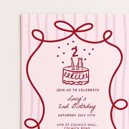 2nd Birthday Invitation Template, Printable Hand Drawn Coquette Pink and Red Editable Second Birthday Party Digital Download
