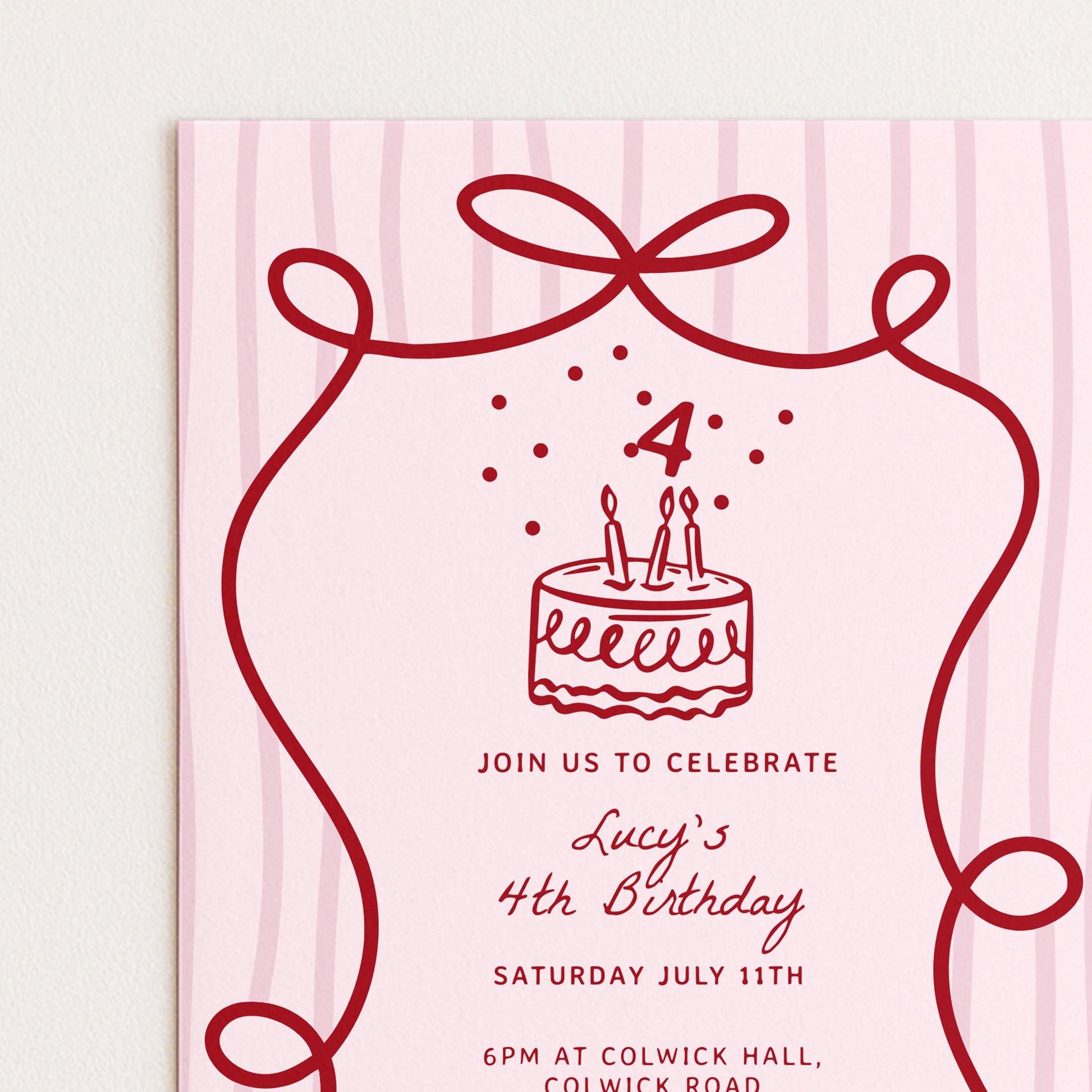 4th Birthday Invitation Template, Printable Hand Drawn Coquette Pink and Red Editable Fourth Birthday Party Digital Download