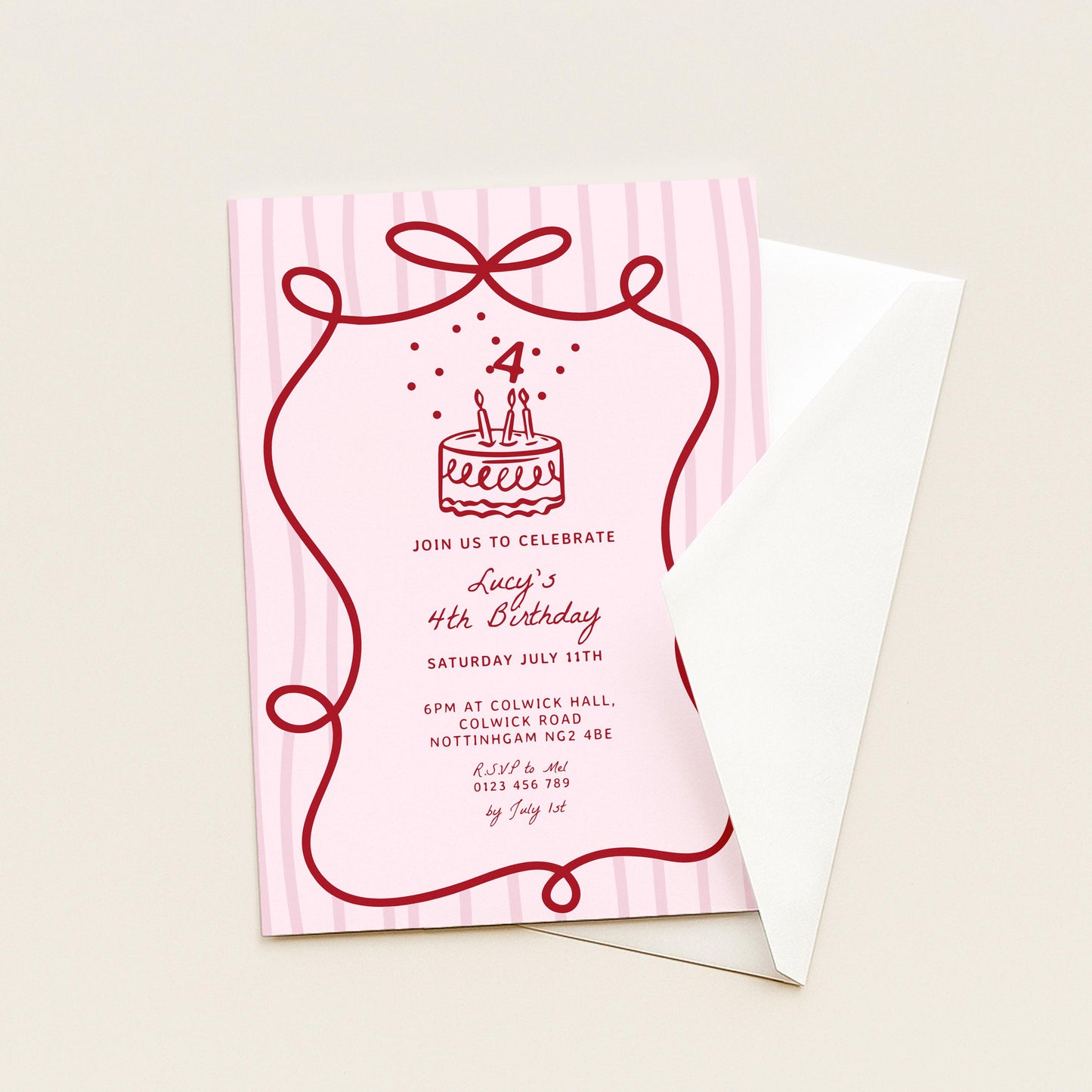 4th Birthday Invitation Template, Printable Hand Drawn Coquette Pink and Red Editable Fourth Birthday Party Digital Download