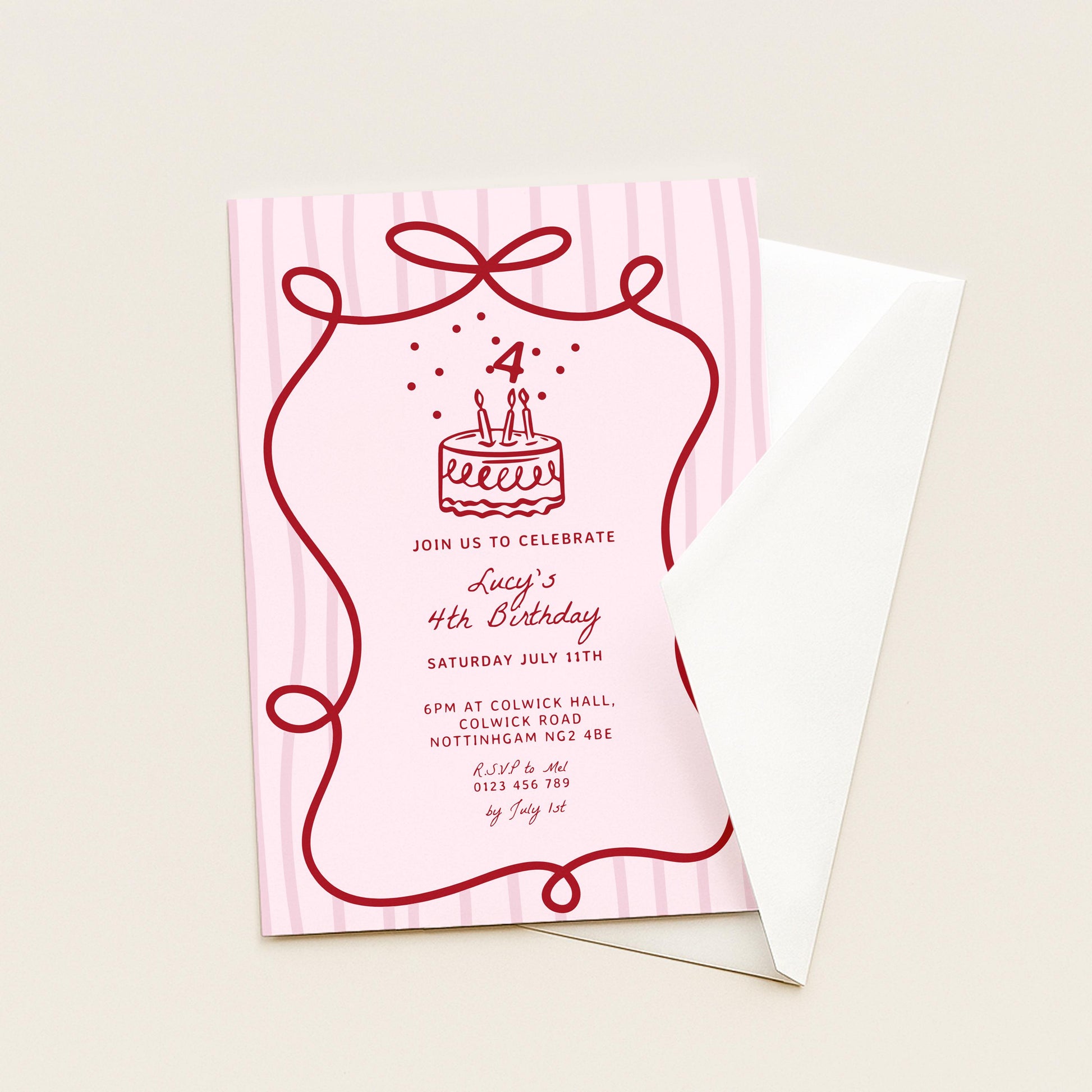 4th Birthday Invitation Template, Printable Hand Drawn Coquette Pink and Red Editable Fourth Birthday Party Digital Download