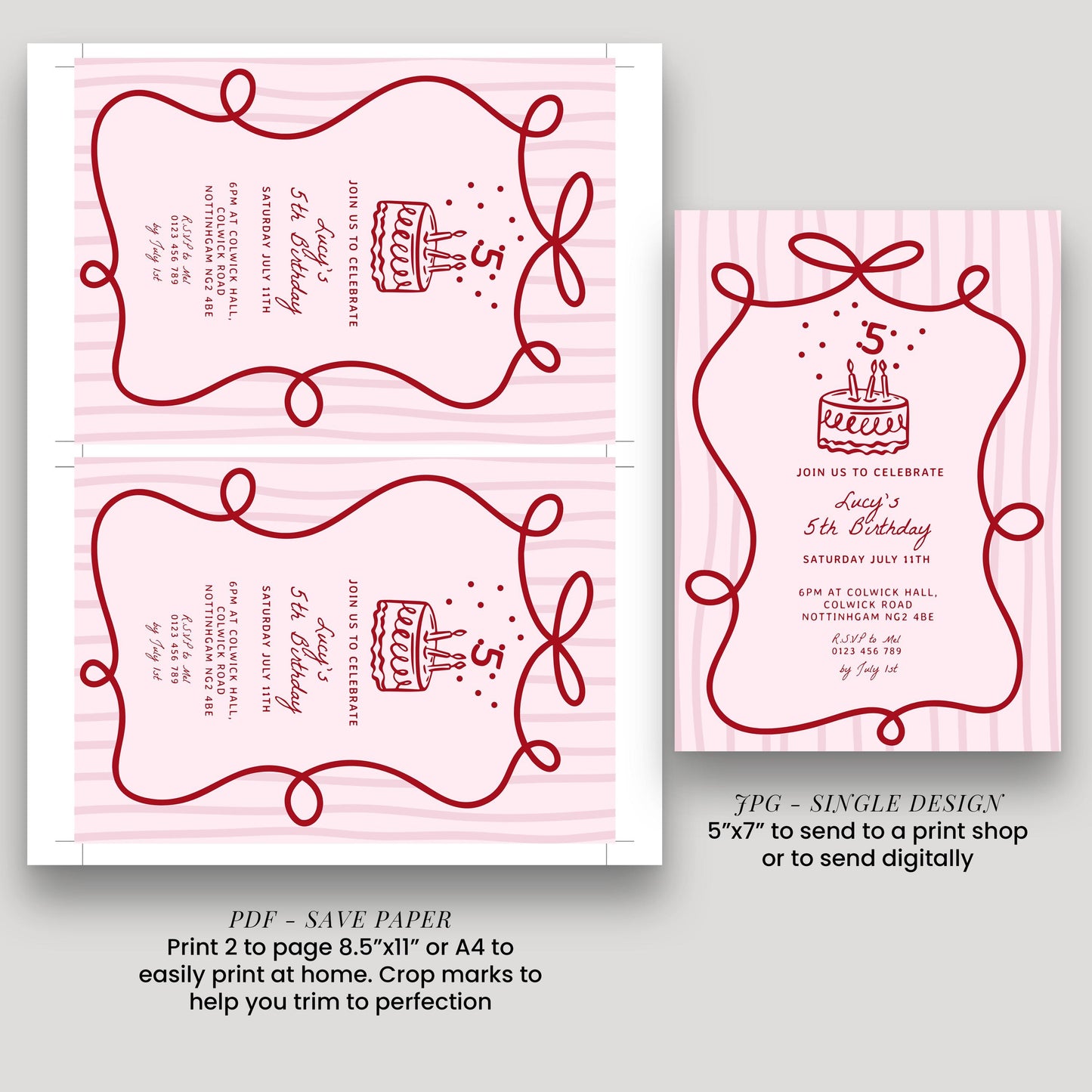 5th Birthday Invitation Template: Coquette Pink Red Hand Drawn Bow, Editable Digital Download | Printable, Girls Party Invite, 5x7 Inch