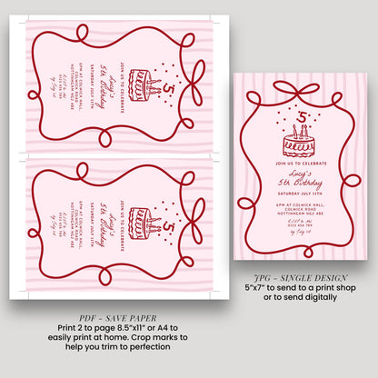 5th Birthday Invitation Template: Coquette Pink Red Hand Drawn Bow, Editable Digital Download | Printable, Girls Party Invite, 5x7 Inch