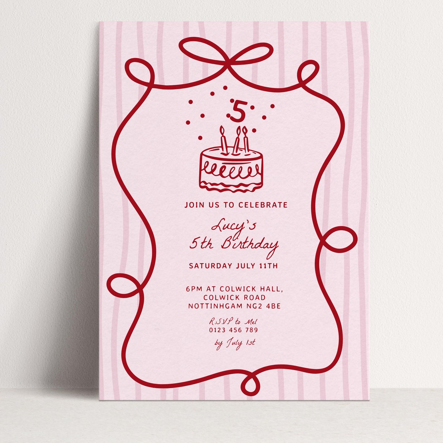 5th Birthday Invitation Template: Coquette Pink Red Hand Drawn Bow, Editable Digital Download | Printable, Girls Party Invite, 5x7 Inch