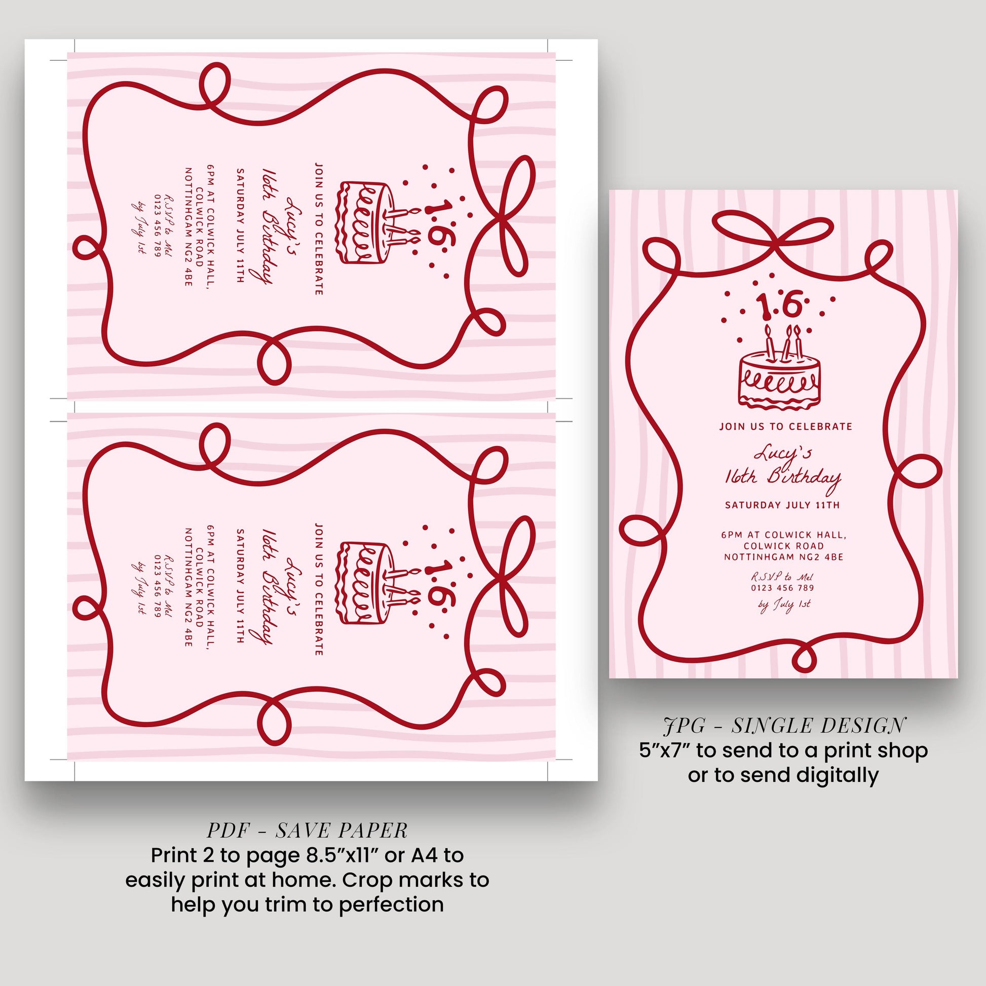 16th Birthday Invitation Template, Printable Hand Drawn Coquette Pink and Red Editable Sixteen Birthday Party Digital Download