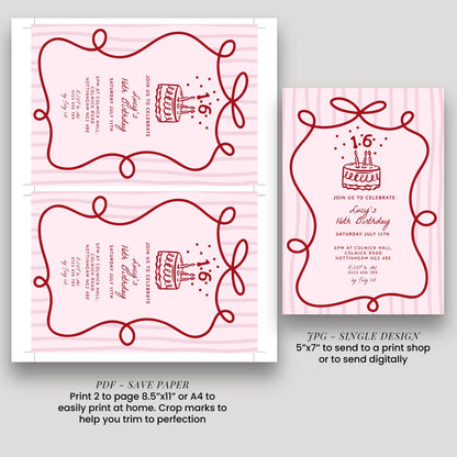16th Birthday Invitation Template, Printable Hand Drawn Coquette Pink and Red Editable Sixteen Birthday Party Digital Download