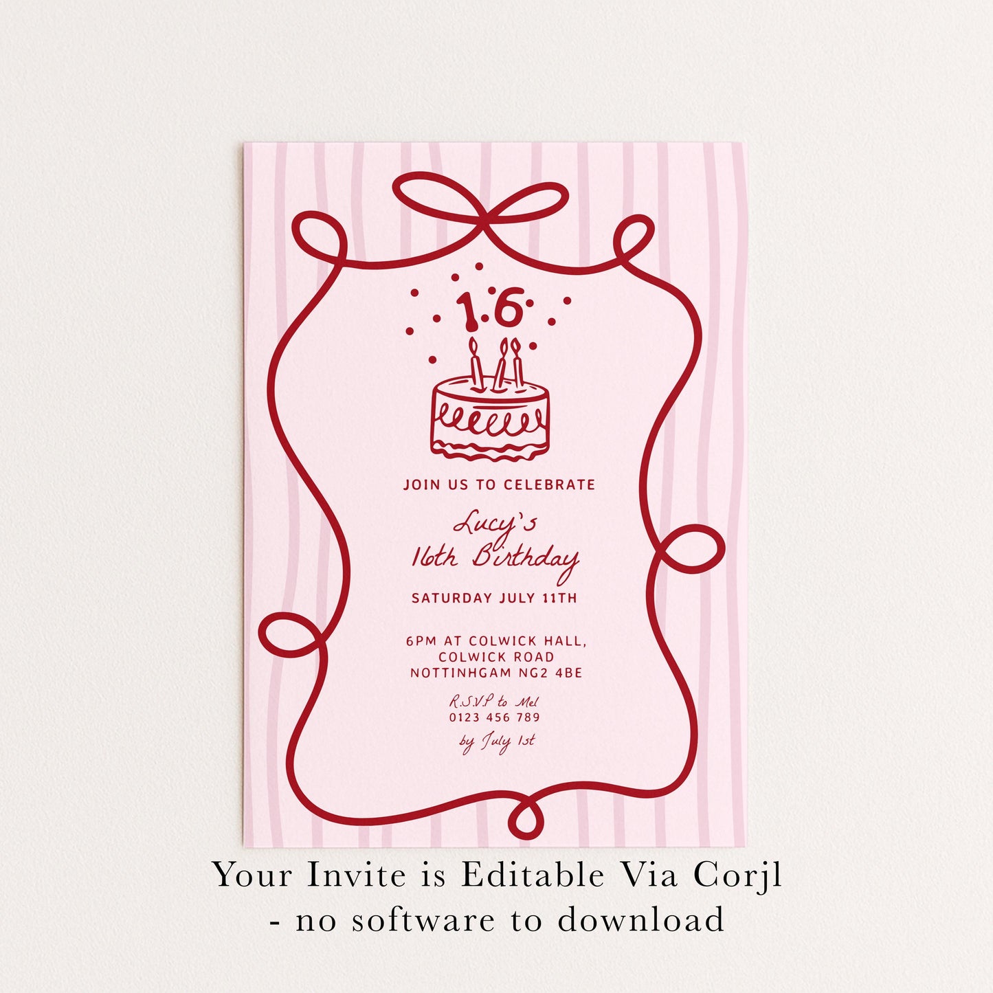 16th Birthday Invitation Template, Printable Hand Drawn Coquette Pink and Red Editable Sixteen Birthday Party Digital Download