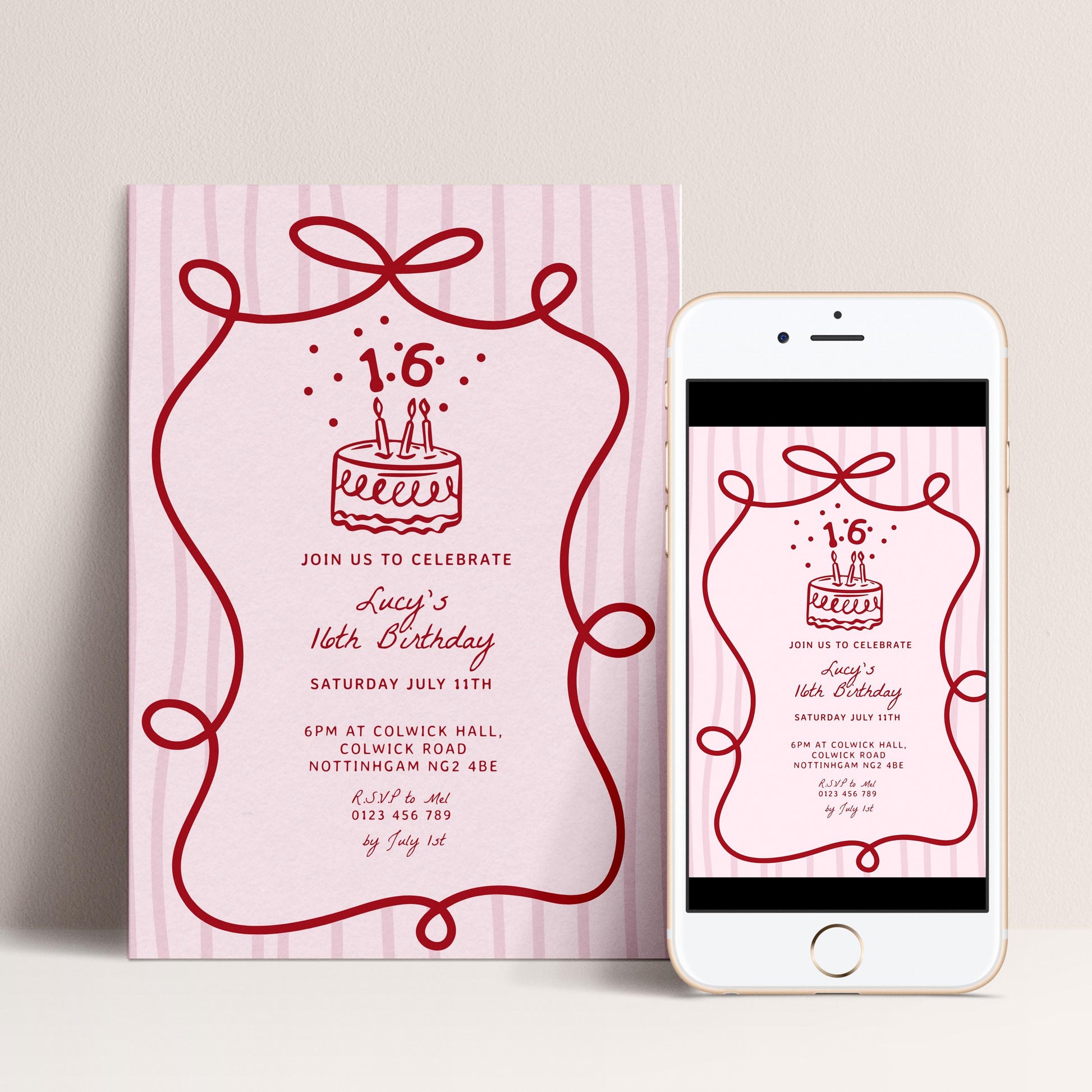 16th Birthday Invitation Template, Printable Hand Drawn Coquette Pink and Red Editable Sixteen Birthday Party Digital Download
