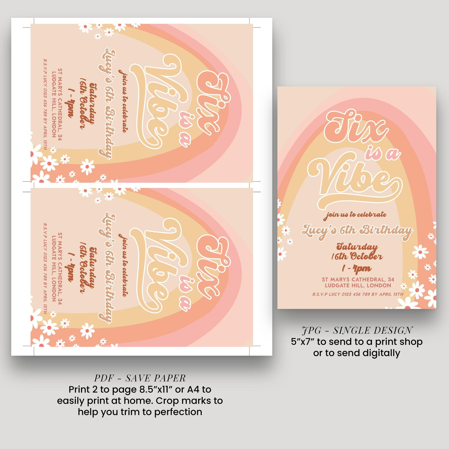 three different designs for a birthday party invitation, including a large pink and orange design and a smaller pink and white design. The invitation is for a 6th birthday celebration and invites guests to a party.