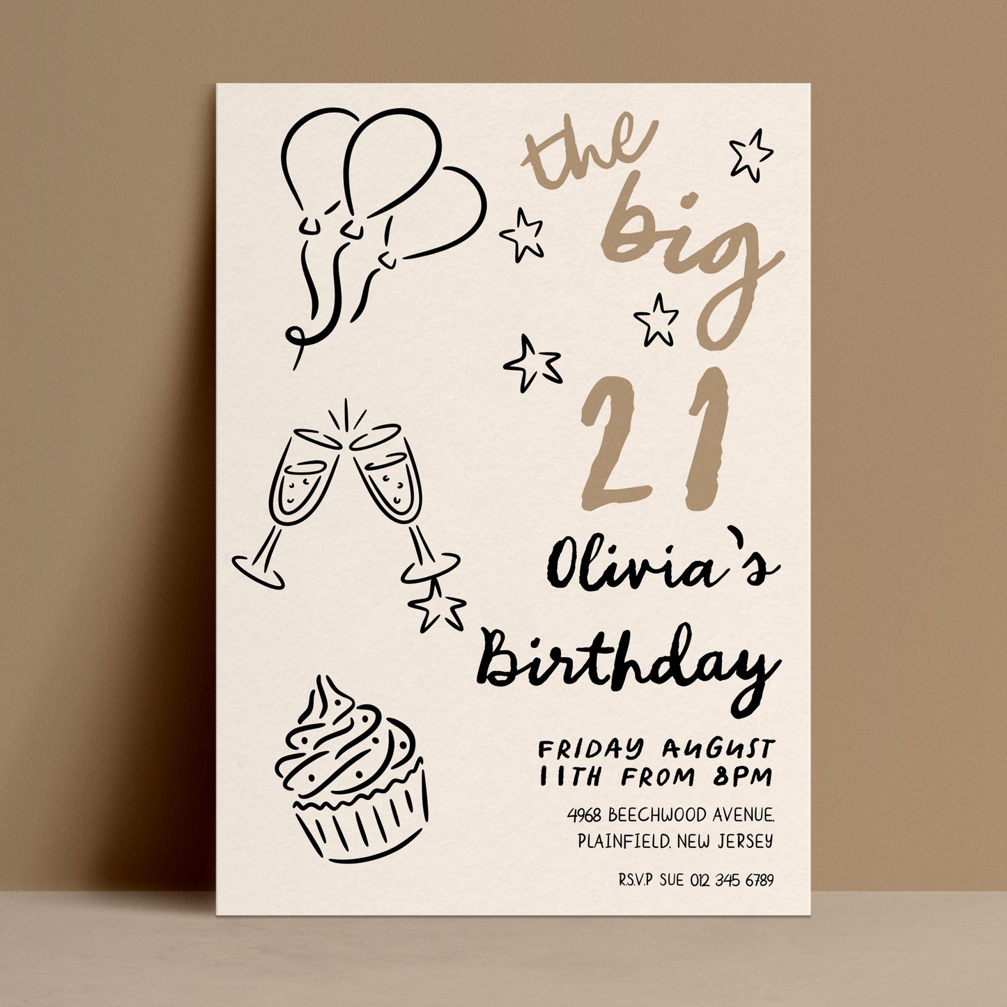 The image is a birthday invitation for a 21-year-old named Olivia. It features various elements such as balloons, stars, and a cupcake, along with the text "the big 21" and "Olivia's Birthday".