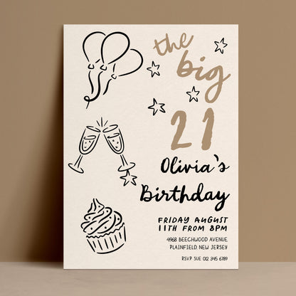 The image is a birthday invitation for a 21-year-old named Olivia. It features various elements such as balloons, stars, and a cupcake, along with the text "the big 21" and "Olivia's Birthday".