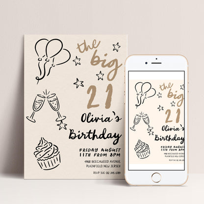 The image is a birthday invitation for a 21st birthday celebration.