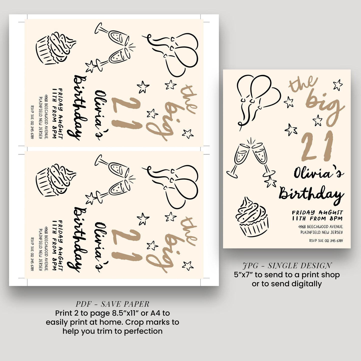 a birthday invitation for a 21st birthday party, featuring various decorative elements such as balloons, cupcakes, and stars.