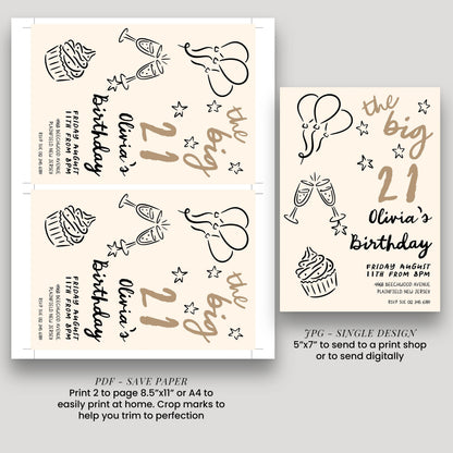 a birthday invitation for a 21st birthday party, featuring various decorative elements such as balloons, cupcakes, and stars.