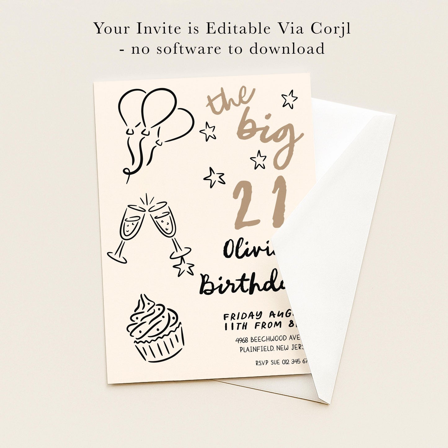 The image is a birthday invitation card with various illustrations and text, including balloons, stars, and a cupcake.
