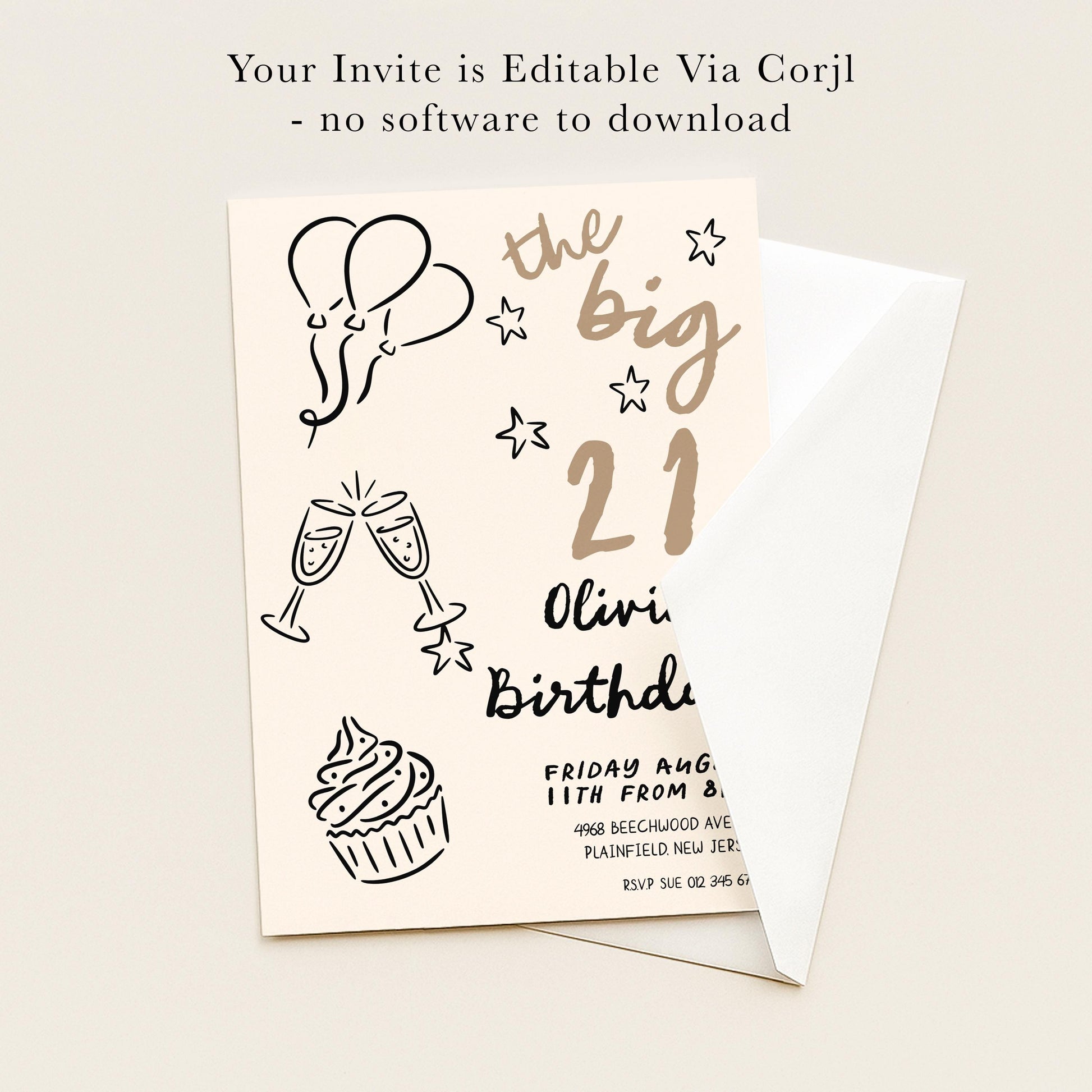 The image is a birthday invitation card with various illustrations and text, including balloons, stars, and a cupcake.