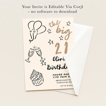 The image is a birthday invitation card with various illustrations and text, including balloons, stars, and a cupcake.