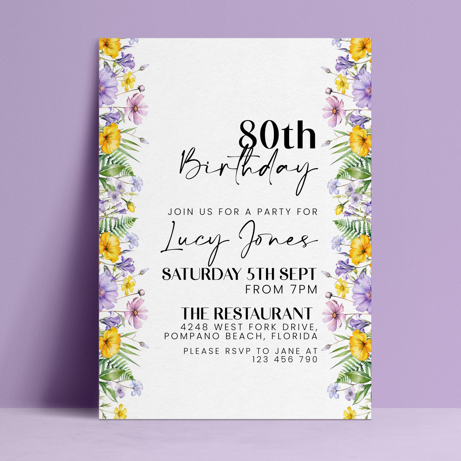 The image is a birthday invitation for Lucy Jones, inviting guests to a party at The Restaurant, Pompano Beach, Florida on Saturday, 5th September from 7pm.