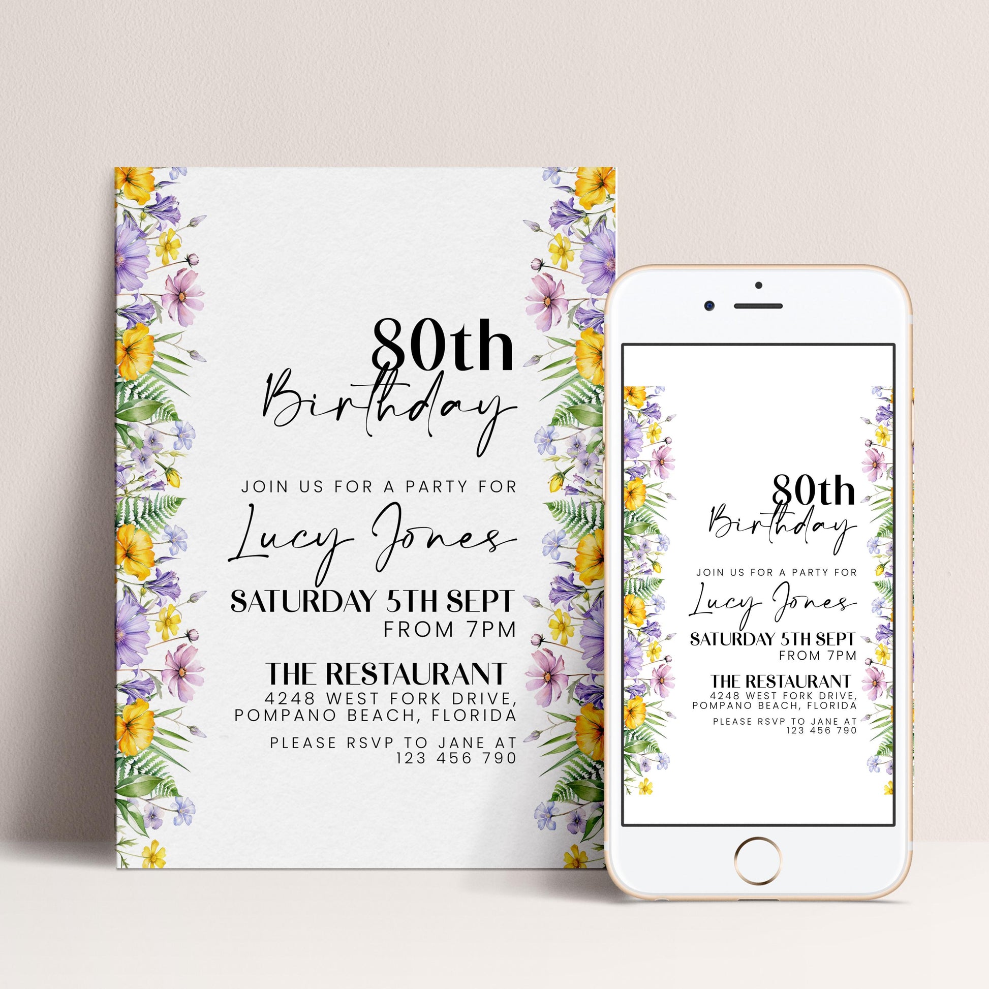 a birthday invitation for Lucy Jones, inviting guests to a party on Saturday, 5th September from 7 PM at The Restaurant, Pompano Beach, Florida. The invitation also includes a mobile phone image displaying the same text as the invitation.