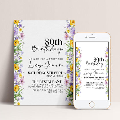 a birthday invitation for Lucy Jones, inviting guests to a party on Saturday, 5th September from 7 PM at The Restaurant, Pompano Beach, Florida. The invitation also includes a mobile phone image displaying the same text as the invitation.