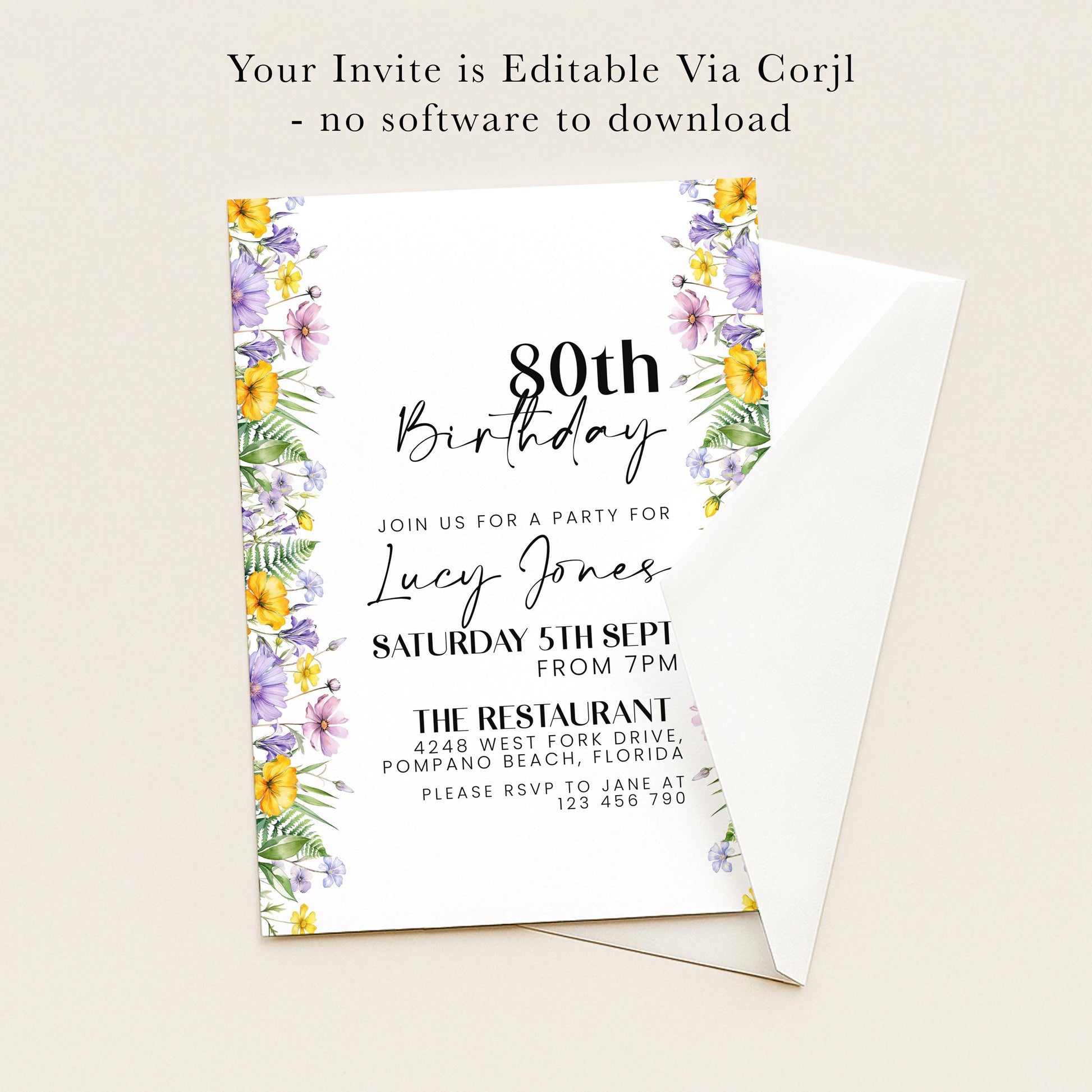 The image is a birthday invitation for Lucy Jones celebrating her 80th birthday. It is a floral-themed party invitation with details about the party, including the date, time, location, and RSVP instructions.