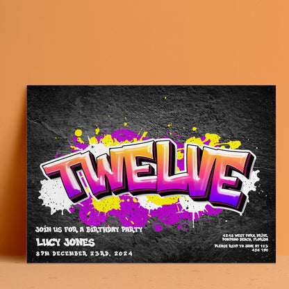 The image is a birthday party invitation featuring a graffiti-style design with the word "TUES" prominently displayed.