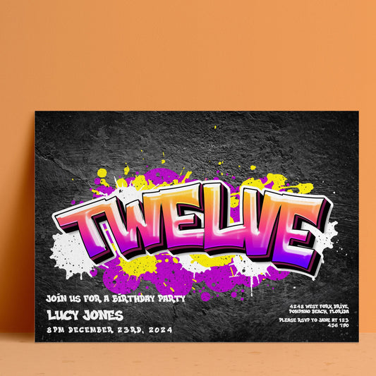 The image is a birthday party invitation featuring a graffiti-style design with the word "TUES" prominently displayed.