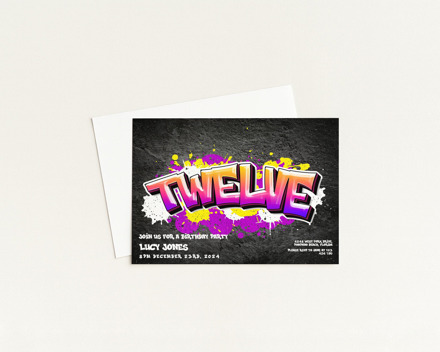 The image is a birthday party invitation for a twelve-year-old girl named Lucy.