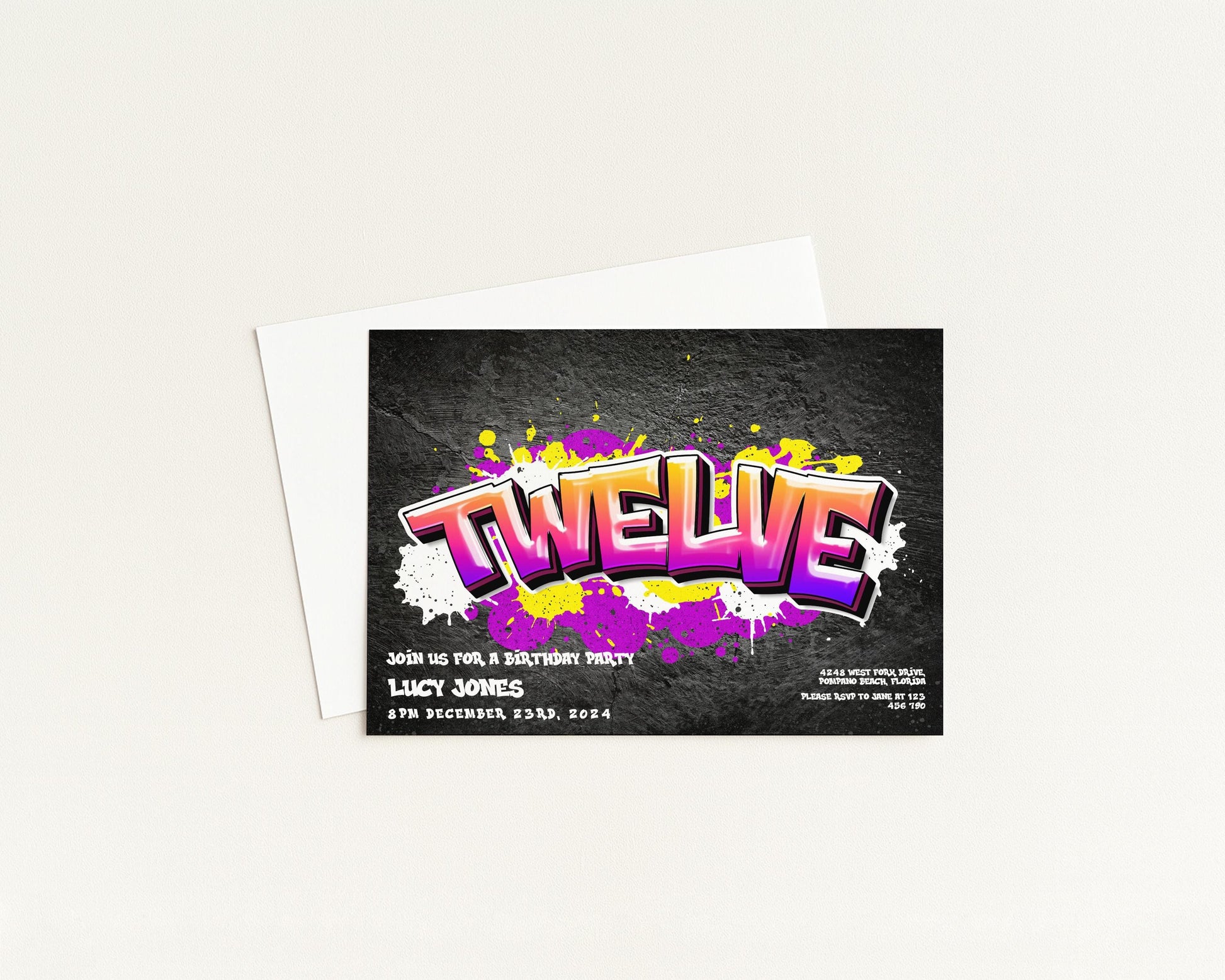 The image is a birthday party invitation for a twelve-year-old girl named Lucy.