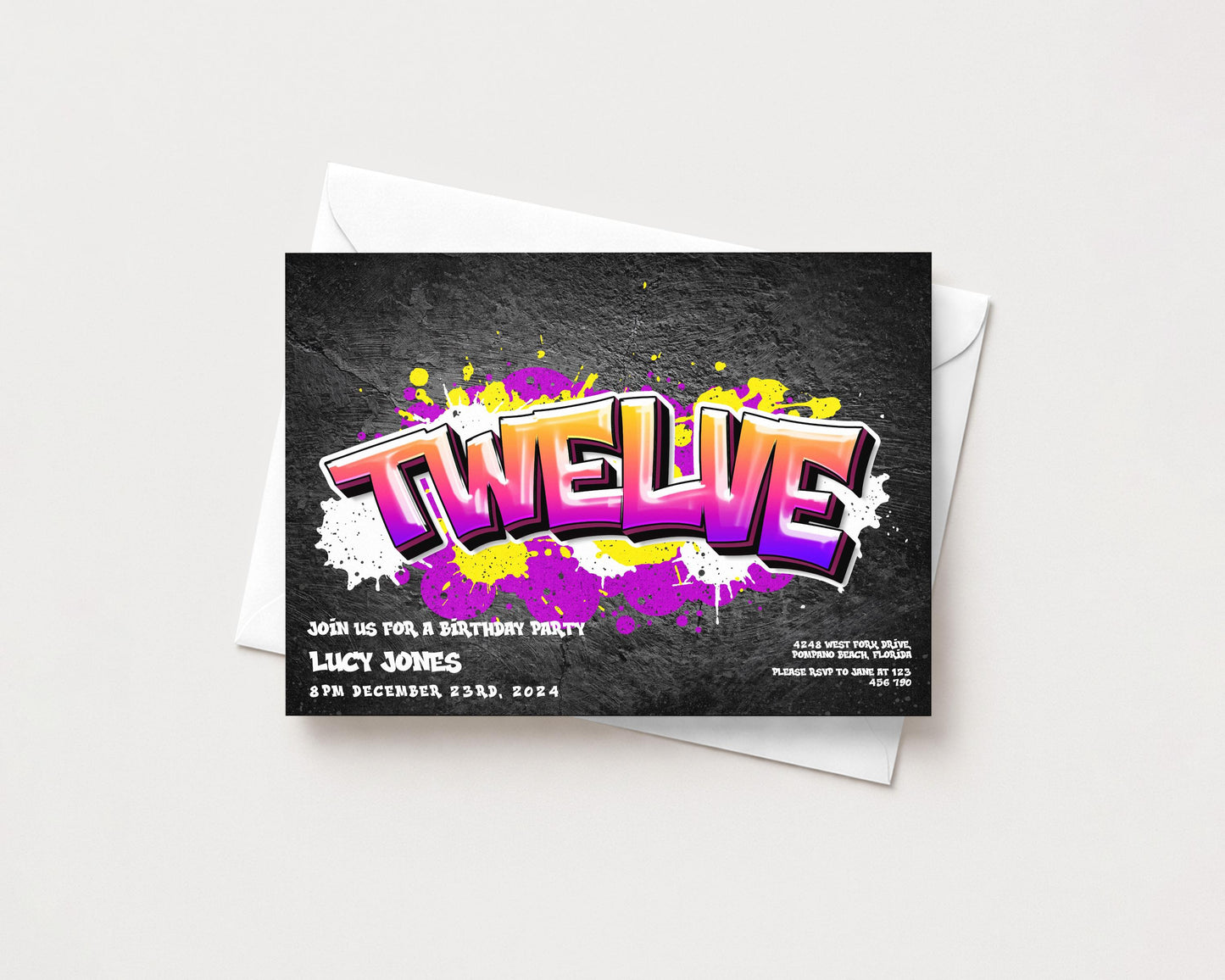 A birthday party invitation featuring a graffiti-style design with the word "TWEELVE" prominently displayed.