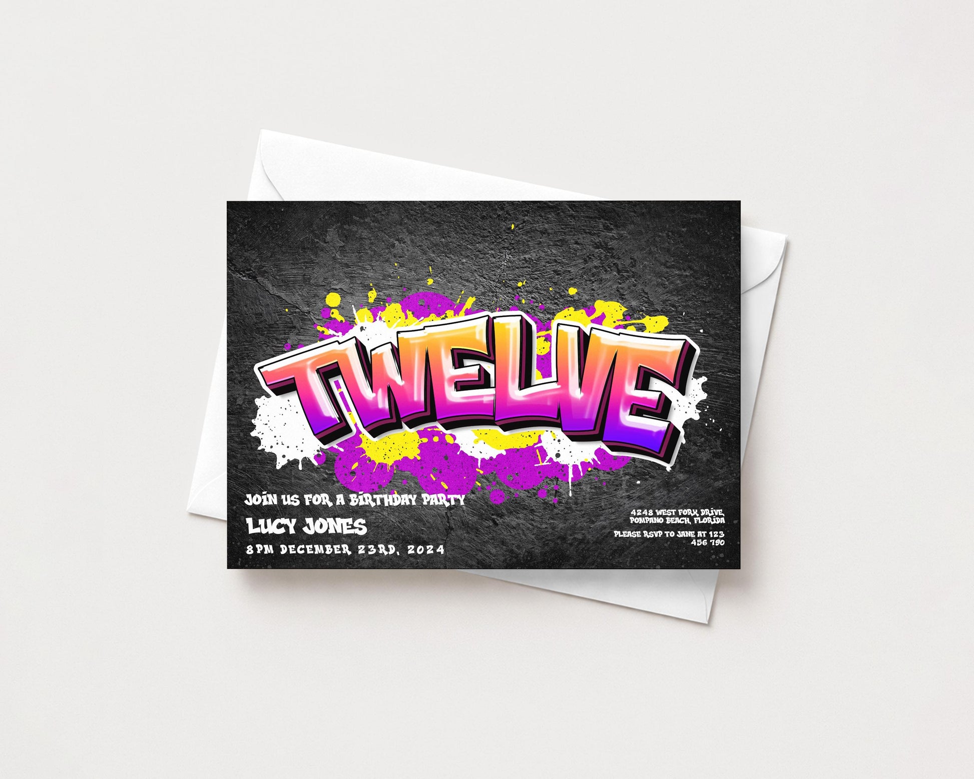A birthday party invitation featuring a graffiti-style design with the word "TWEELVE" prominently displayed.