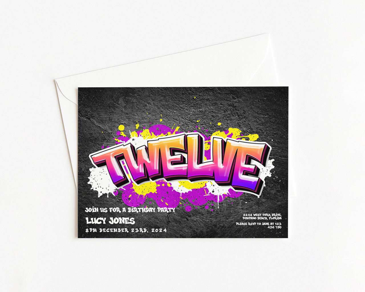 The image is a birthday party invitation featuring a graffiti-style design with the word "TWELVE" prominently displayed.
