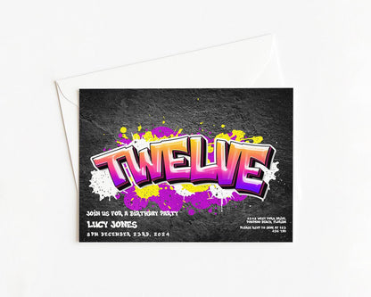 The image is a birthday party invitation featuring a graffiti-style design with the word "TWELVE" prominently displayed.