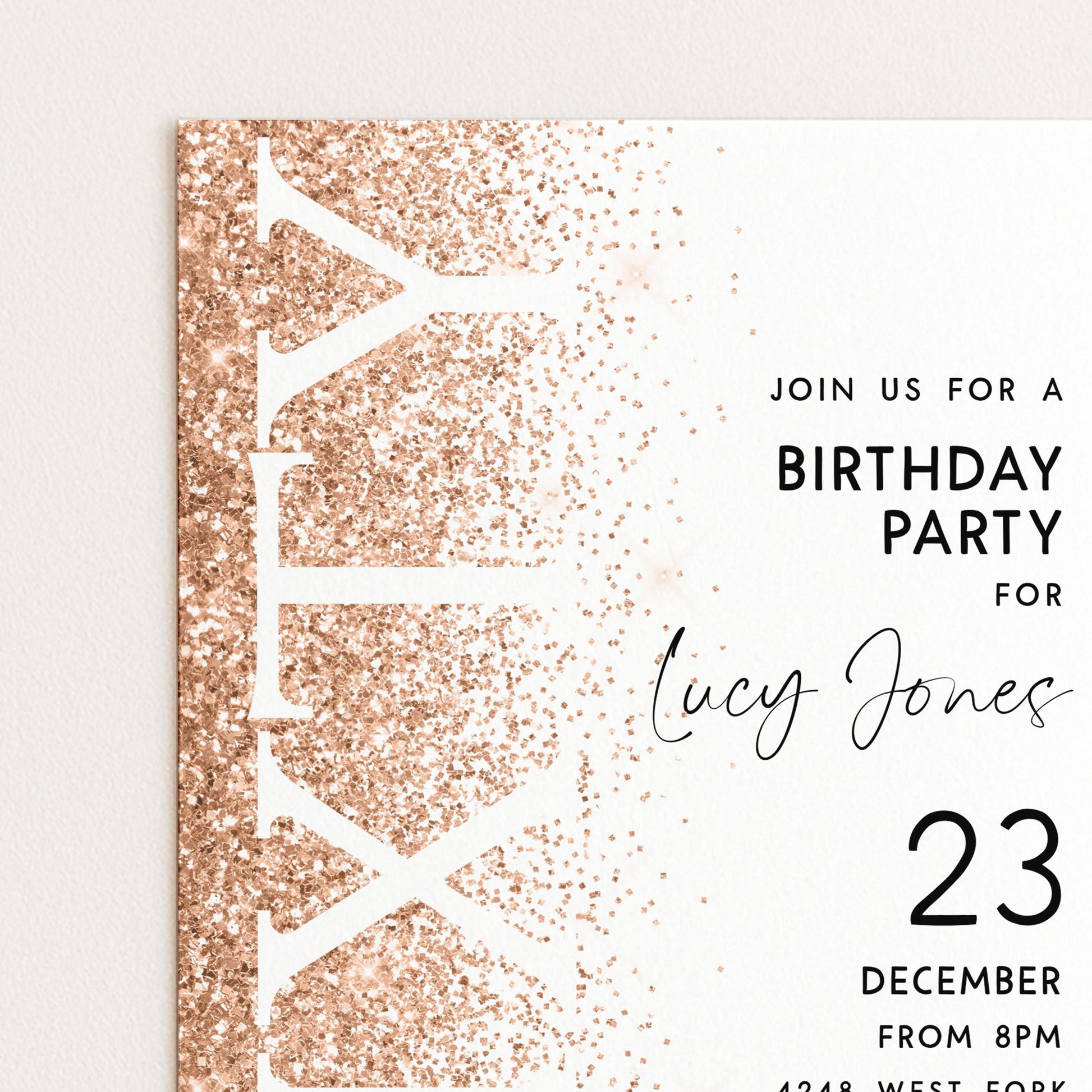 The image is a birthday party invitation for a girl named Lucy Jones, which is for her 21st birthday party. The invitation is for December 23, from 8 PM to 12:30 PM, and it is for a location at 1248 West Fork.