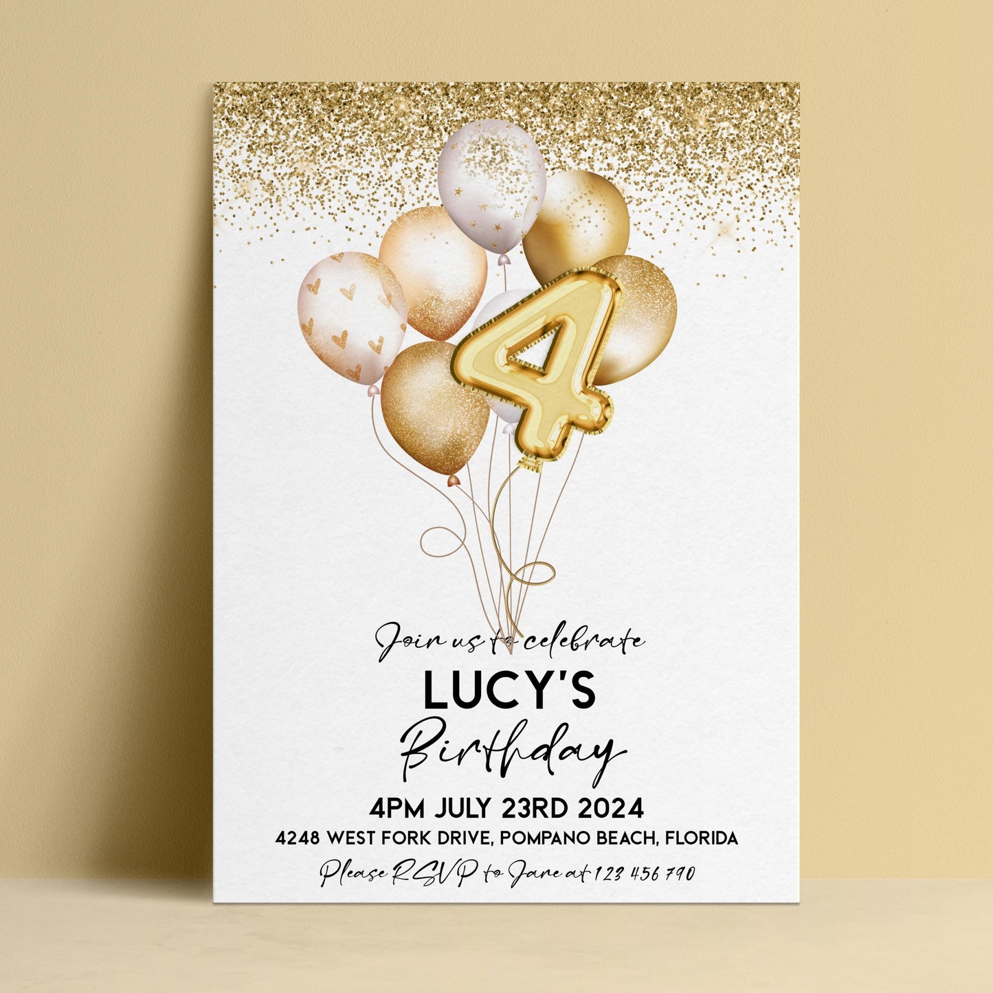 The image is a birthday invitation for a child named Lucy, celebrating her 4th birthday.