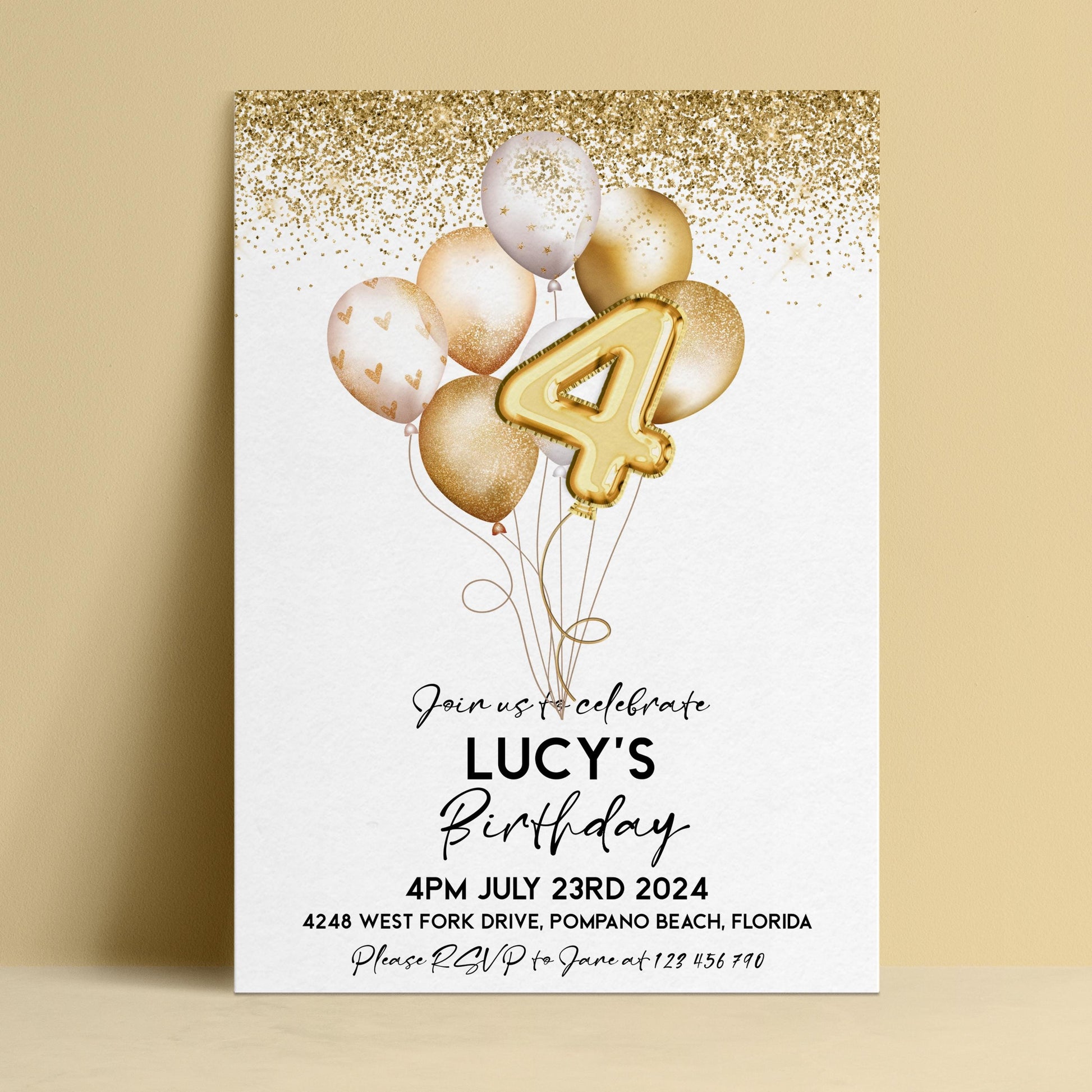 The image is a birthday invitation for a child named Lucy, celebrating her 4th birthday.