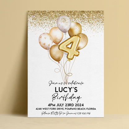 The image is a birthday invitation for a child named Lucy, celebrating her 4th birthday.