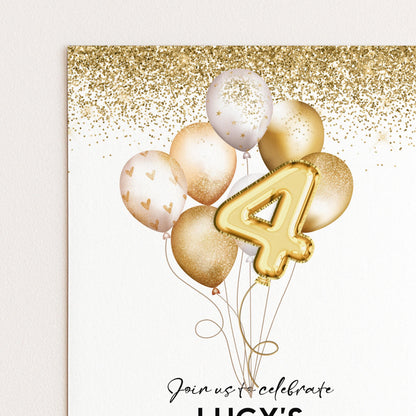 The image is a birthday party invitation featuring gold balloons and a large gold number 4, along with the text "Join us to celebrate LUCY's 4th birthday".