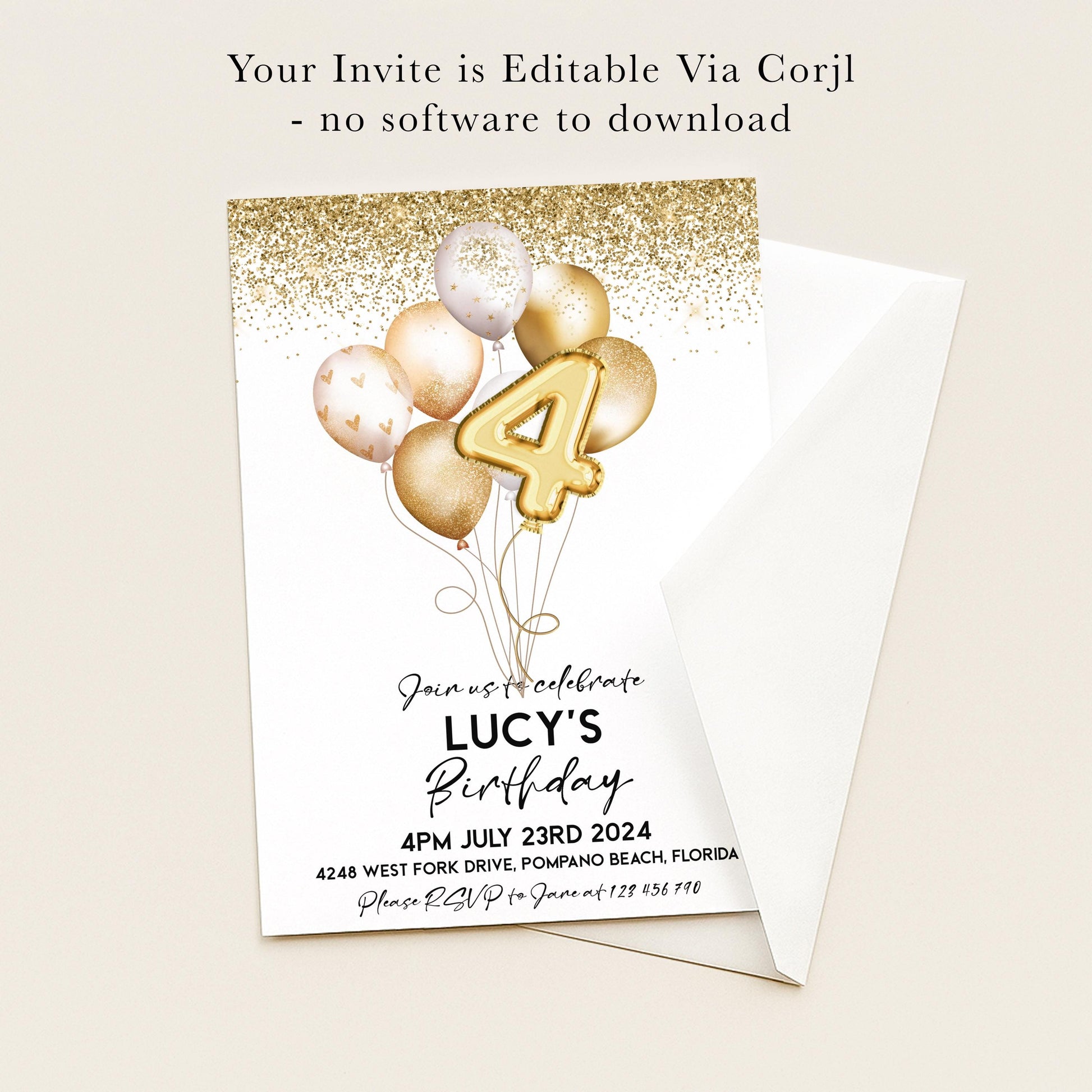 The image is a birthday invitation for a child named Lucy, celebrating her 4th birthday.